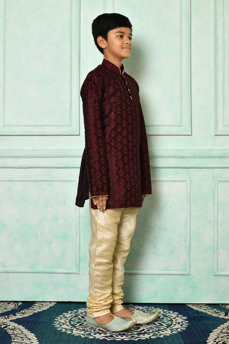 Petite Pomme_Wine Silk Embroidery Fleur De Lis Patterned Kurta _at_Aza_Fashions