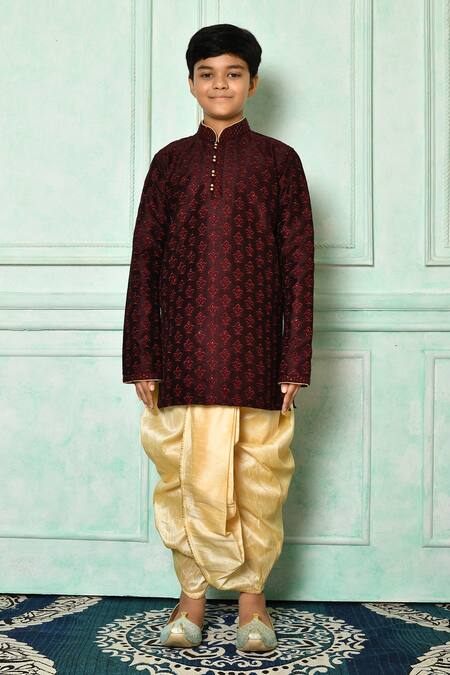 Buy_Petite Pomme_Wine Silk Embroidery Fleur De Lis Patterned Kurta And Dhoti Pant Set _Online_at_Aza_Fashions