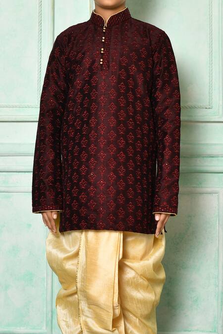 Shop_Petite Pomme_Wine Silk Embroidery Fleur De Lis Patterned Kurta And Dhoti Pant Set _Online_at_Aza_Fashions