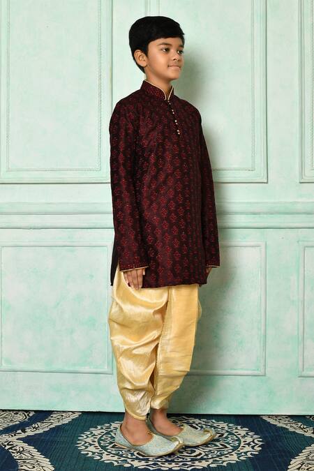 Petite Pomme_Wine Silk Embroidery Fleur De Lis Patterned Kurta And Dhoti Pant Set _at_Aza_Fashions