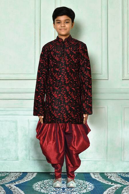 Petite Pomme_Black Silk Embroidery Paisley Kurta Set _at_Aza_Fashions