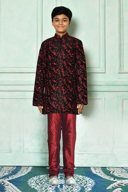 Buy_Petite Pomme_Black Silk Beads Embroidered Paisley Pattern Kurta With Churidar _Online_at_Aza_Fashions