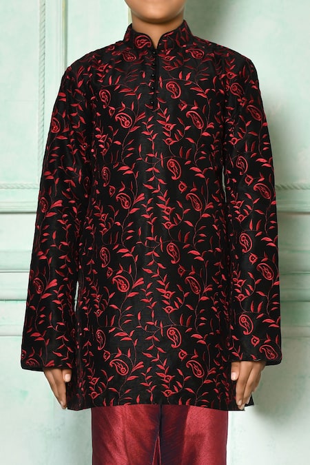 Shop_Petite Pomme_Black Silk Beads Embroidered Paisley Pattern Kurta With Churidar _Online_at_Aza_Fashions