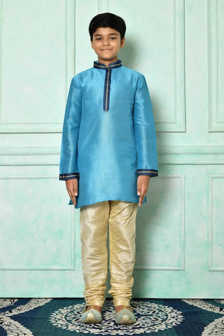 Petite Pomme_Blue Silk Embroidery Kurta _Online_at_Aza_Fashions