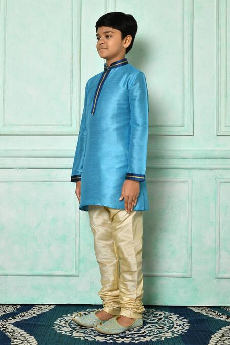 Shop_Petite Pomme_Blue Silk Embroidery Kurta _Online_at_Aza_Fashions