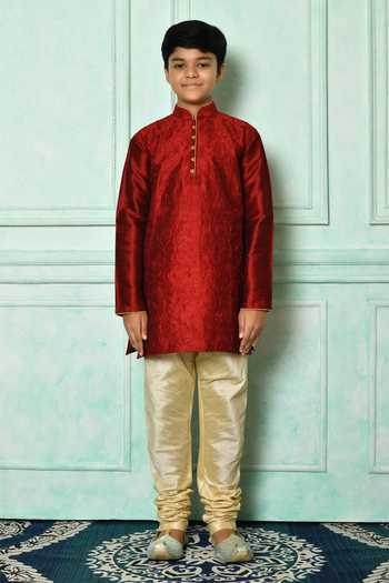 Petite Pomme_Red Silk Bows Floral Embroidered Kurta _Online_at_Aza_Fashions