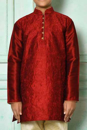 Buy_Petite Pomme_Red Silk Bows Floral Embroidered Kurta _Online_at_Aza_Fashions