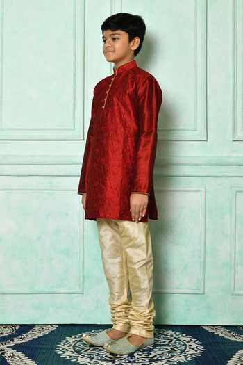 Shop_Petite Pomme_Red Silk Bows Floral Embroidered Kurta _Online_at_Aza_Fashions