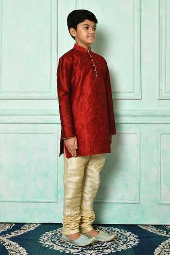 Petite Pomme_Red Silk Bows Floral Embroidered Kurta _at_Aza_Fashions