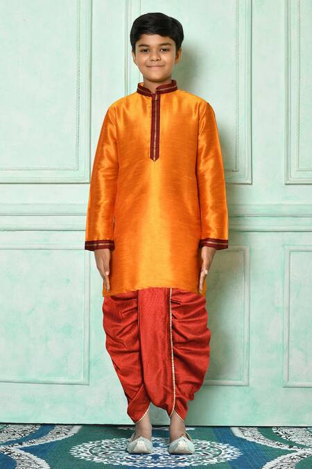 Petite Pomme_Yellow Silk Embroidery Mandarin Collar Solid Kurta Set _at_Aza_Fashions
