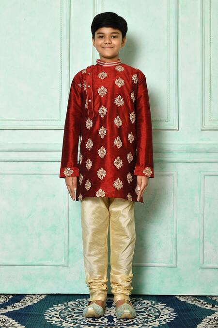 Petite Pomme_Red Silk Embroidery Floral Pattern Kurta _Online_at_Aza_Fashions