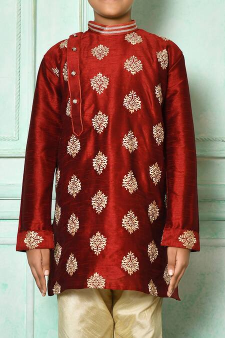 Shop Petite Pomme Red Silk Embroidery Floral Pattern Kurta And Churidar Online at Aza Fashions Shop_Petite Pomme_Red Silk Embroidery Floral Pattern Kurta And Churidar _Online_at_Aza_Fashions