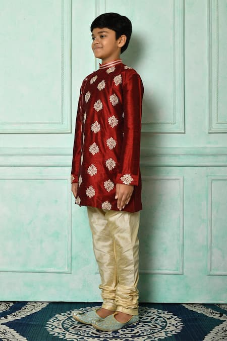Shop_Petite Pomme_Red Silk Embroidery Floral Pattern Kurta _Online_at_Aza_Fashions