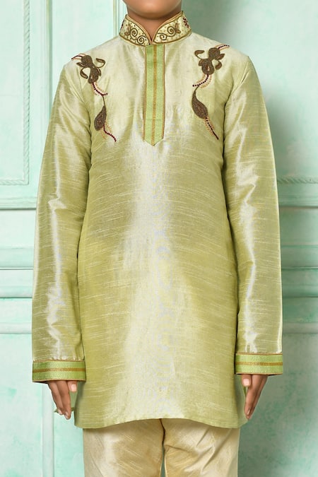 Shop_Petite Pomme_Green Silk, Denim Embroidery Straight Kurta Set _Online_at_Aza_Fashions