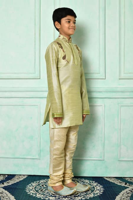 Petite Pomme_Green Silk, Denim Embroidery Straight Kurta Set _at_Aza_Fashions