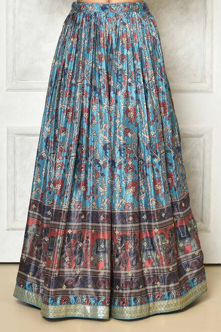 Samyukta Singhania_Blue Net, Chiffon Embroidery, Zari, Sequins Floral Print Pleated Lehenga Set_Online_at_Aza_Fashions