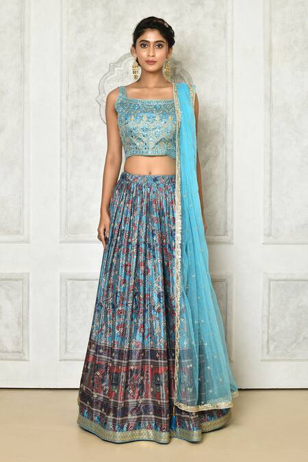 Buy_Samyukta Singhania_Blue Net, Chiffon Embroidery, Zari, Sequins Floral Print Pleated Lehenga Set_Online_at_Aza_Fashions