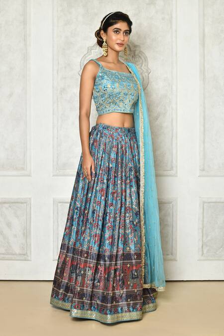 Samyukta Singhania_Blue Net, Chiffon Embroidery, Zari, Sequins Floral Print Pleated Lehenga Set_at_Aza_Fashions