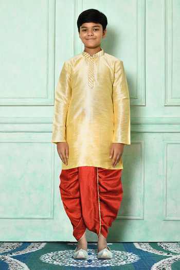 Petite Pomme_Beige Silk Embroidery Solid Kurta And Red Dhoti Pant Set _at_Aza_Fashions