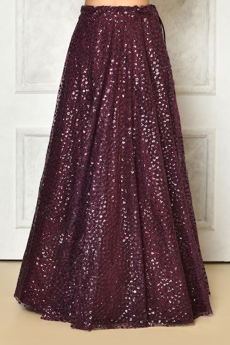 Samyukta Singhania_Purple Microfiber, Net Sequins Square Neck Embroidered Lehenga Set_Online_at_Aza_Fashions