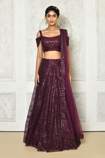 Buy_Samyukta Singhania_Purple Microfiber, Net Sequins Square Neck Embroidered Lehenga Set_Online_at_Aza_Fashions