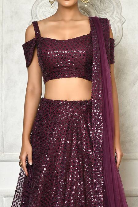 Shop Samyukta Singhania Purple Microfiber, Net Sequins Square Neck Embroidered Lehenga Set Online at Aza Fashions Shop_Samyukta Singhania_Purple Microfiber, Net Sequins Square Neck Embroidered Lehenga Set_Online_at_Aza_Fashions
