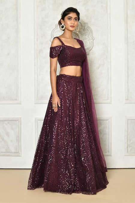 Samyukta Singhania_Purple Microfiber, Net Sequins Square Neck Embroidered Lehenga Set_at_Aza_Fashions