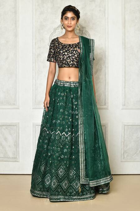 Buy_Samyukta Singhania_Black Brocade, Organza Sequins, Mirrors Scoop Neck Embroidered Lehenga Set_Online_at_Aza_Fashions