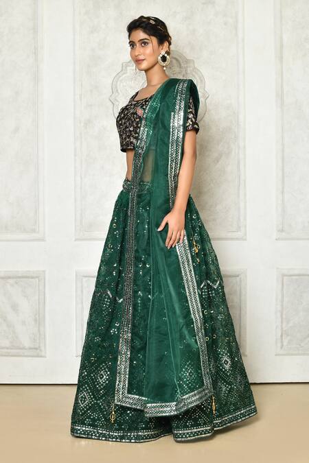 Shop_Samyukta Singhania_Black Brocade, Organza Sequins, Mirrors Scoop Neck Embroidered Lehenga Set_Online_at_Aza_Fashions