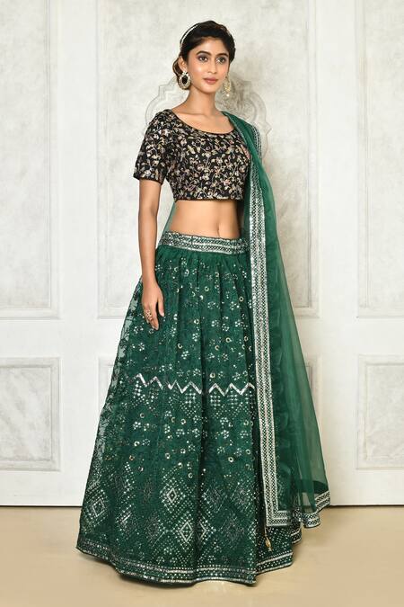 Samyukta Singhania_Black Brocade, Organza Sequins, Mirrors Scoop Neck Embroidered Lehenga Set_at_Aza_Fashions