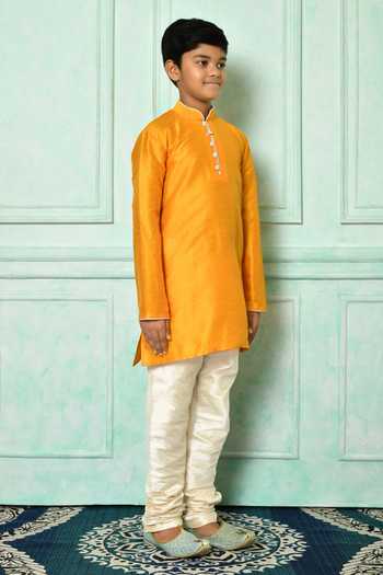 Shop Petite Pomme Yellow Silk Straight Full Sleeve Kurta Online at Aza Fashions Shop_Petite Pomme_Yellow Silk Straight Full Sleeve Kurta _Online_at_Aza_Fashions