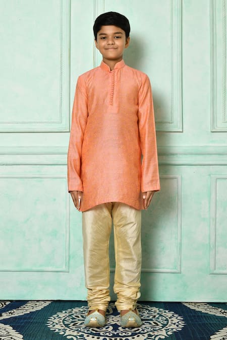Buy_Petite Pomme_Peach Cotton Patterned Kurta And Churidar Set _Online_at_Aza_Fashions