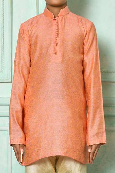 Shop_Petite Pomme_Peach Cotton Patterned Kurta And Churidar Set _Online_at_Aza_Fashions