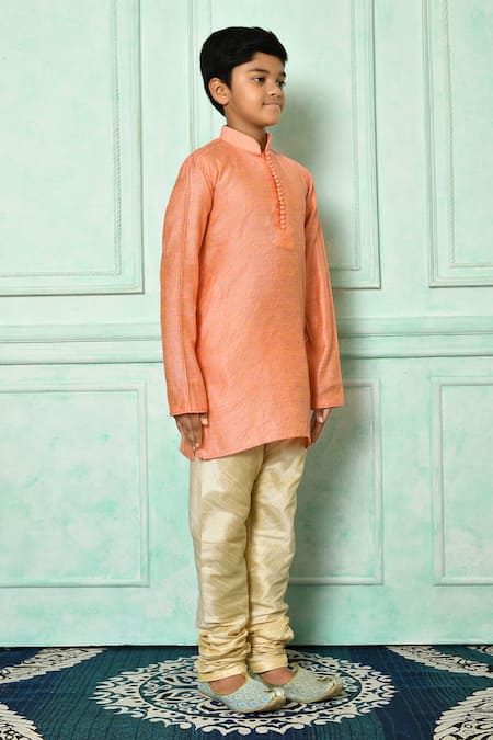 Petite Pomme_Peach Cotton Patterned Kurta And Churidar Set _at_Aza_Fashions