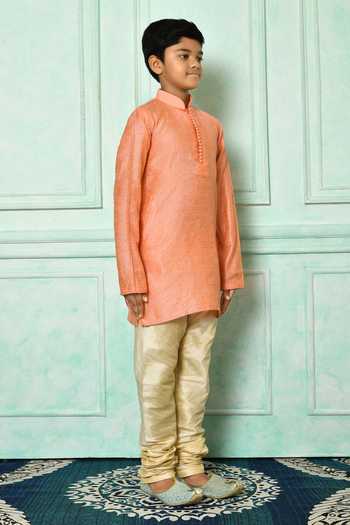 Petite Pomme_Peach Cotton Patterned Kurta _at_Aza_Fashions