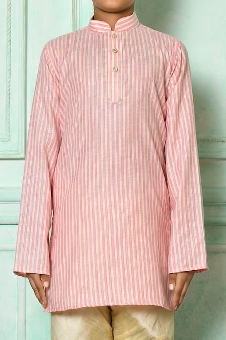 Shop_Petite Pomme_Pink Cotton Patterned Kurta And Churidar Set _Online_at_Aza_Fashions