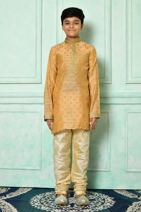 Buy_Petite Pomme_Orange Denim Embroidery Kurta And Churidar Set _Online_at_Aza_Fashions