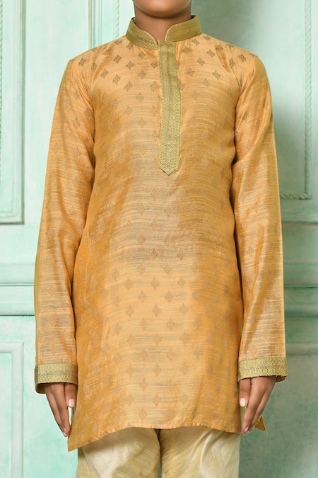 Shop_Petite Pomme_Orange Denim Embroidery Kurta And Churidar Set _Online_at_Aza_Fashions