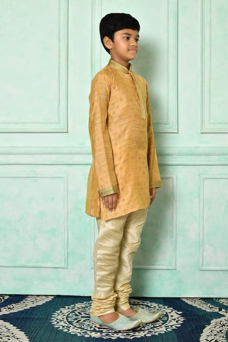 Petite Pomme_Orange Denim Embroidery Kurta And Churidar Set _at_Aza_Fashions