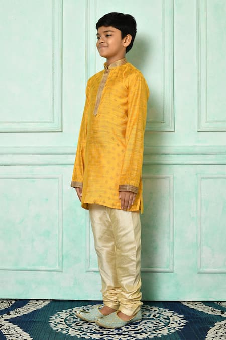 Shop_Petite Pomme_Yellow Silk Embroidery Kurta _Online_at_Aza_Fashions