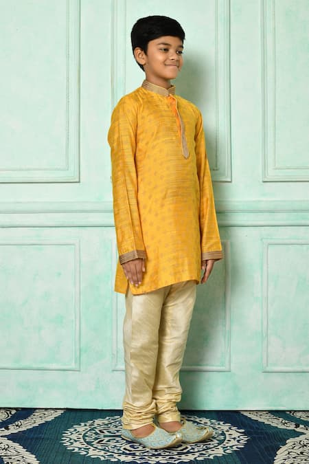 Petite Pomme_Yellow Silk Embroidery Kurta _at_Aza_Fashions