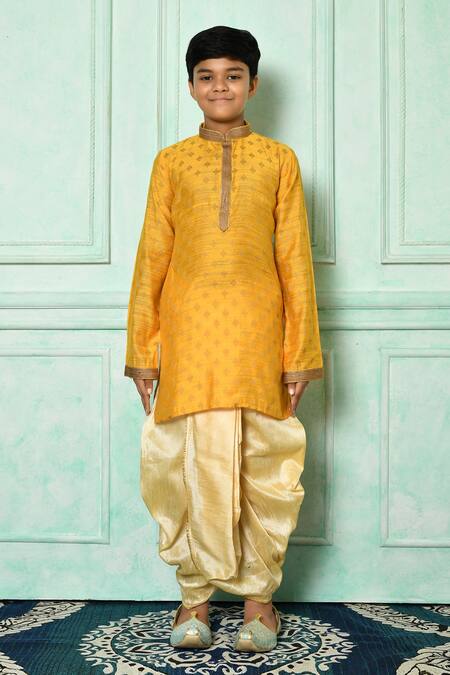 Buy_Petite Pomme_Yellow Denim, Silk Embroidery Kurta And Dhoti Pant Set _Online_at_Aza_Fashions