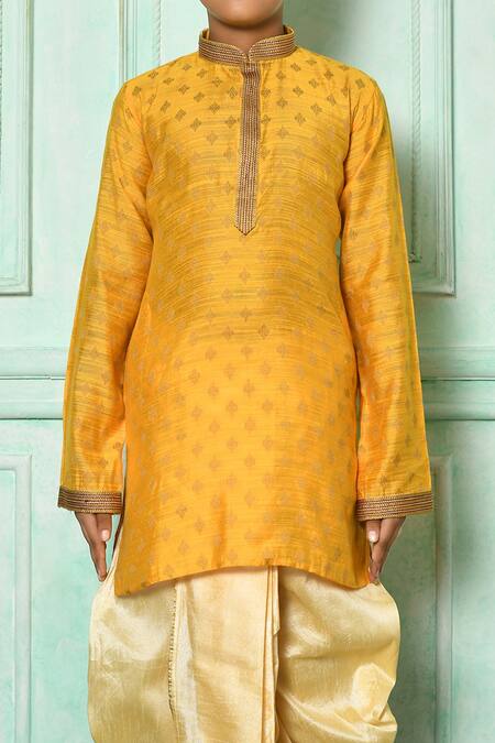 Shop_Petite Pomme_Yellow Denim, Silk Embroidery Kurta And Dhoti Pant Set _Online_at_Aza_Fashions