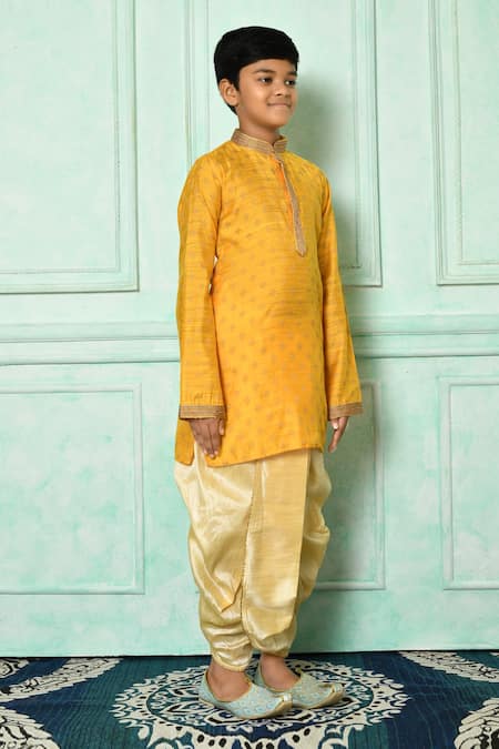 Petite Pomme_Yellow Denim, Silk Embroidery Kurta And Dhoti Pant Set _at_Aza_Fashions