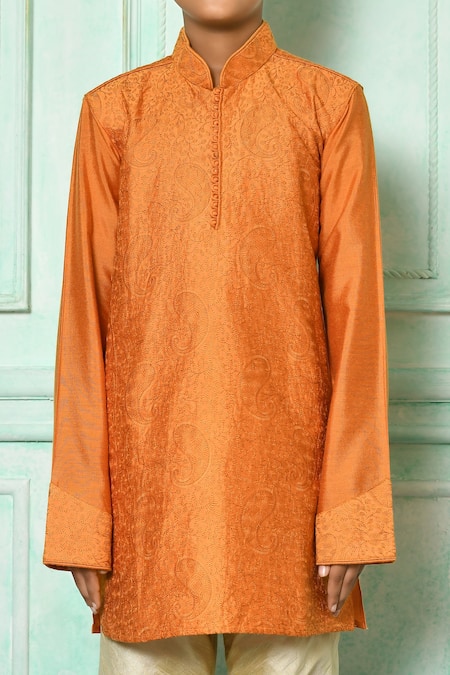 Shop_Petite Pomme_Yellow Silk, Denim Embroidery Paisley Kurta And Pant Set _Online_at_Aza_Fashions