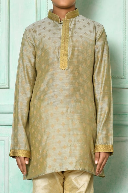 Shop_Petite Pomme_Grey Denim, Silk Embroidery Kurta And Churidar Set _Online_at_Aza_Fashions