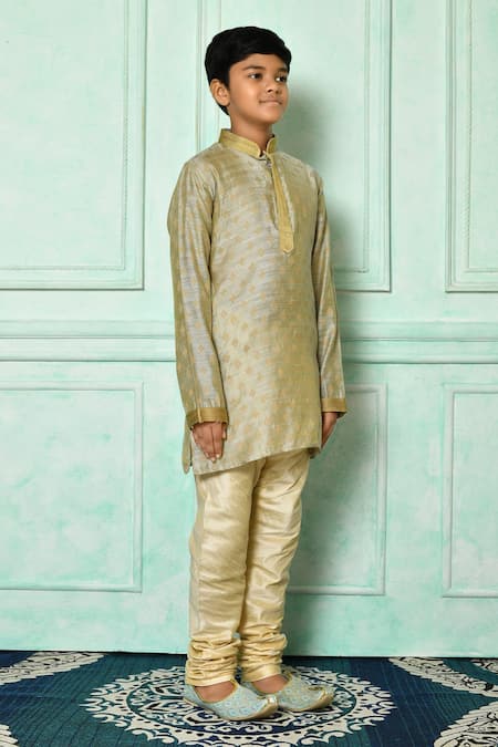 Petite Pomme_Grey Denim, Silk Embroidery Kurta And Churidar Set _at_Aza_Fashions