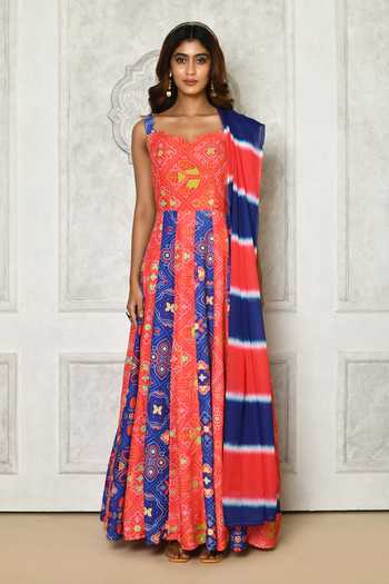 Adara Khan_Red Anarkali Silk Cotton Print Contrast Panel With Dupatta _Online_at_Aza_Fashions