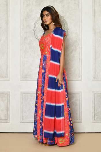 Shop_Adara Khan_Red Anarkali Silk Cotton Print Contrast Panel With Dupatta _Online_at_Aza_Fashions