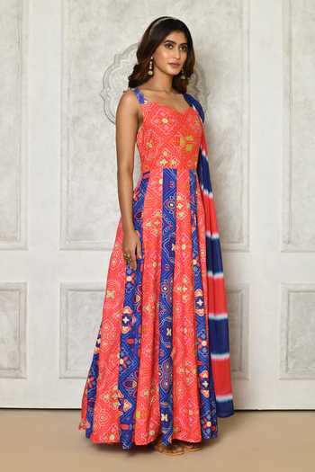 Adara Khan_Red Anarkali Silk Cotton Print Contrast Panel With Dupatta _at_Aza_Fashions